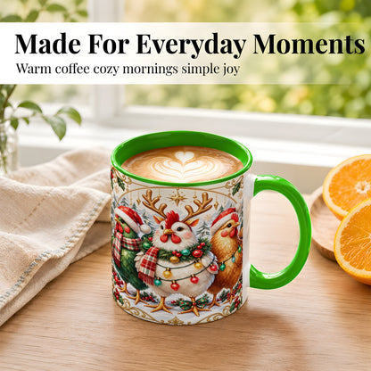 #pl[11oz|Green] Christmas Chickens Coffee Mug, Reindeer Hens Mug, Ceramic Cup