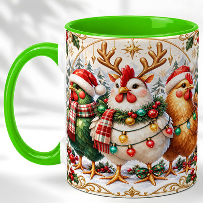 #pl[11oz|Green] Christmas Chickens Coffee Mug, Reindeer Hens Mug, Ceramic Cup