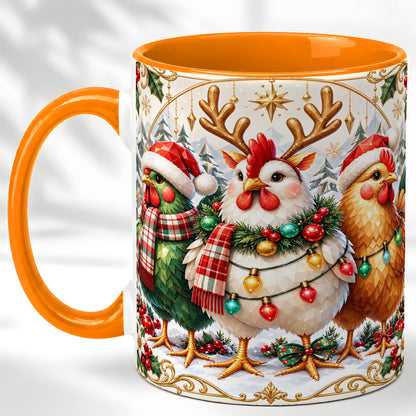#pl[11oz|Orange] Christmas Chickens Coffee Mug, Reindeer Hens Mug, Ceramic Cup