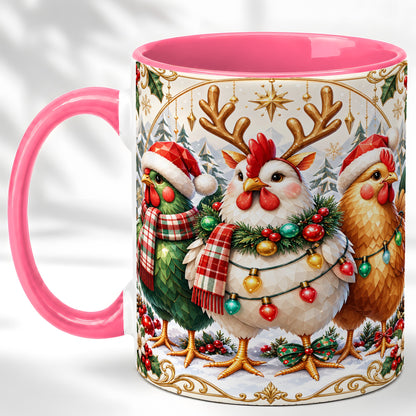 #pl[11oz|Pink] Christmas Chickens Coffee Mug, Reindeer Hens Mug, Ceramic Cup