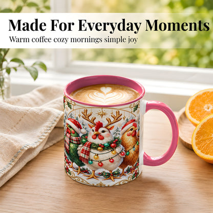#pl[11oz|Pink] Christmas Chickens Coffee Mug, Reindeer Hens Mug, Ceramic Cup