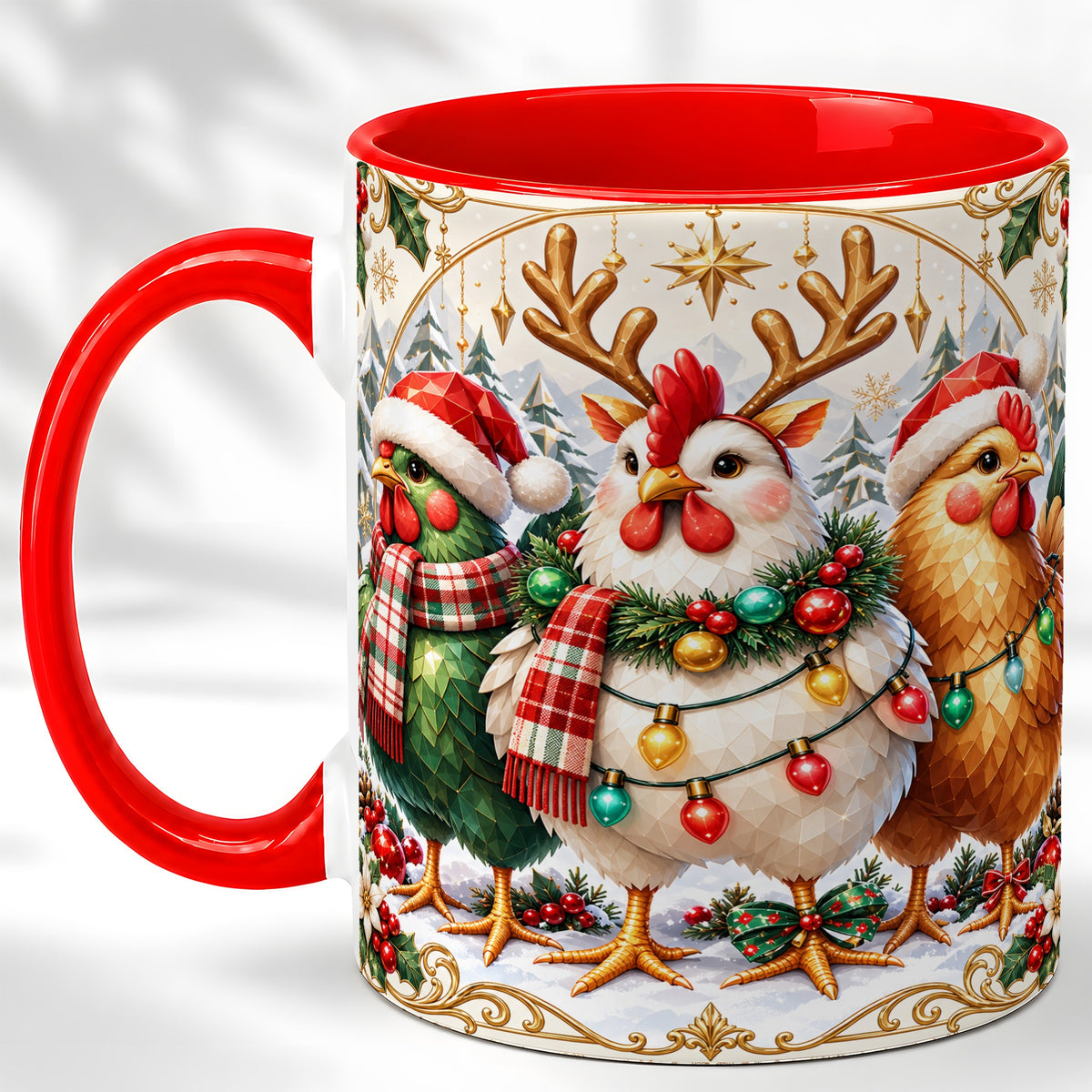 Christmas Chickens Coffee Mug, Reindeer Hens Mug, Ceramic Cup