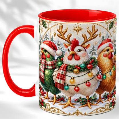 Christmas Chickens Coffee Mug, Reindeer Hens Mug, Ceramic Cup