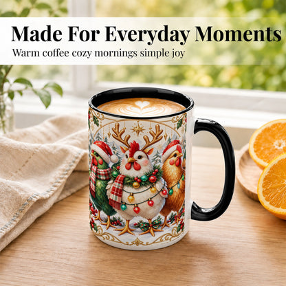 #pl[15oz|Black] Christmas Chickens Coffee Mug, Reindeer Hens Mug, Ceramic Cup