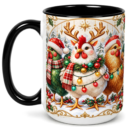 #pl[15oz|Black] Christmas Chickens Coffee Mug, Reindeer Hens Mug, Ceramic Cup