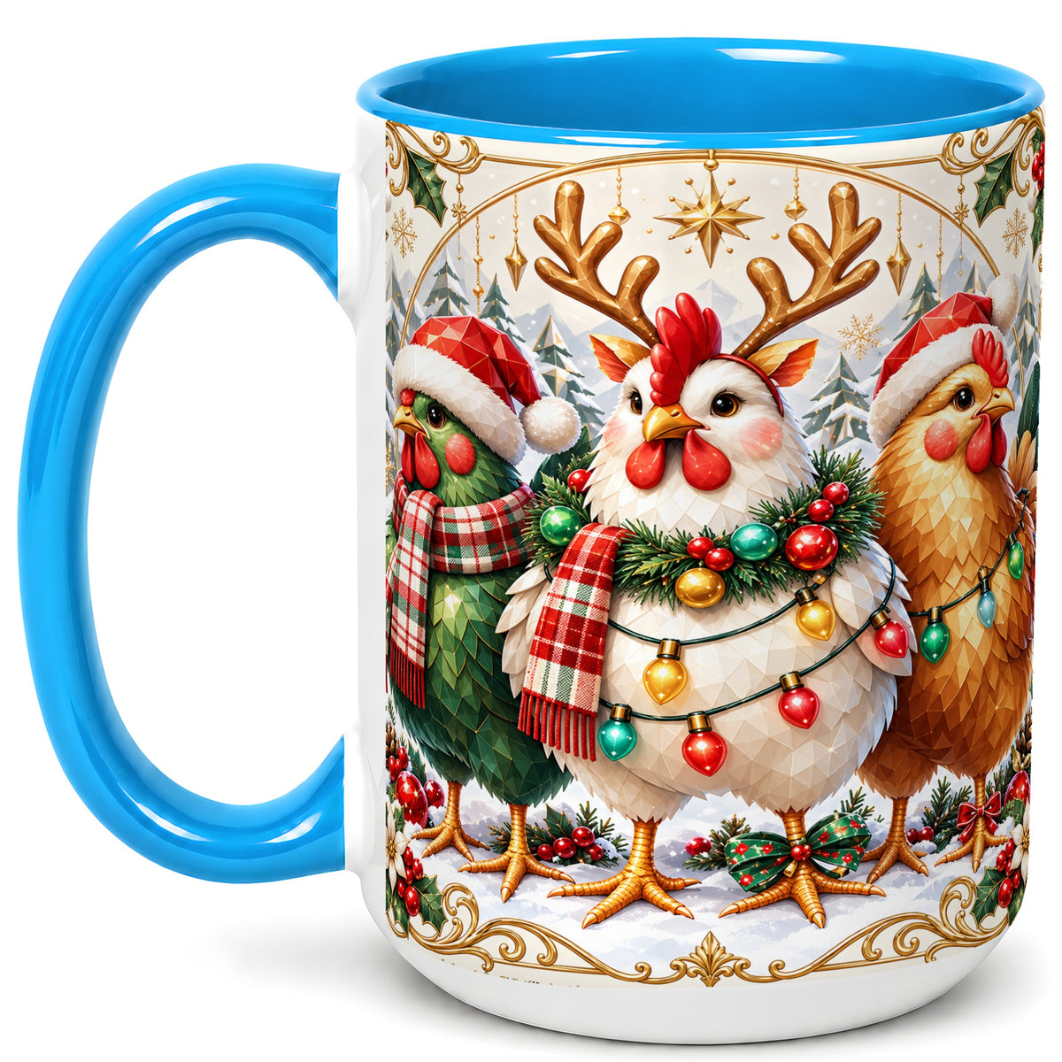 #pl[15oz|Blue] Christmas Chickens Coffee Mug, Reindeer Hens Mug, Ceramic Cup