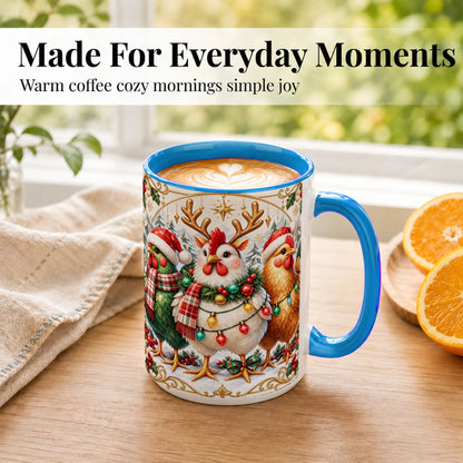 #pl[15oz|Blue] Christmas Chickens Coffee Mug, Reindeer Hens Mug, Ceramic Cup