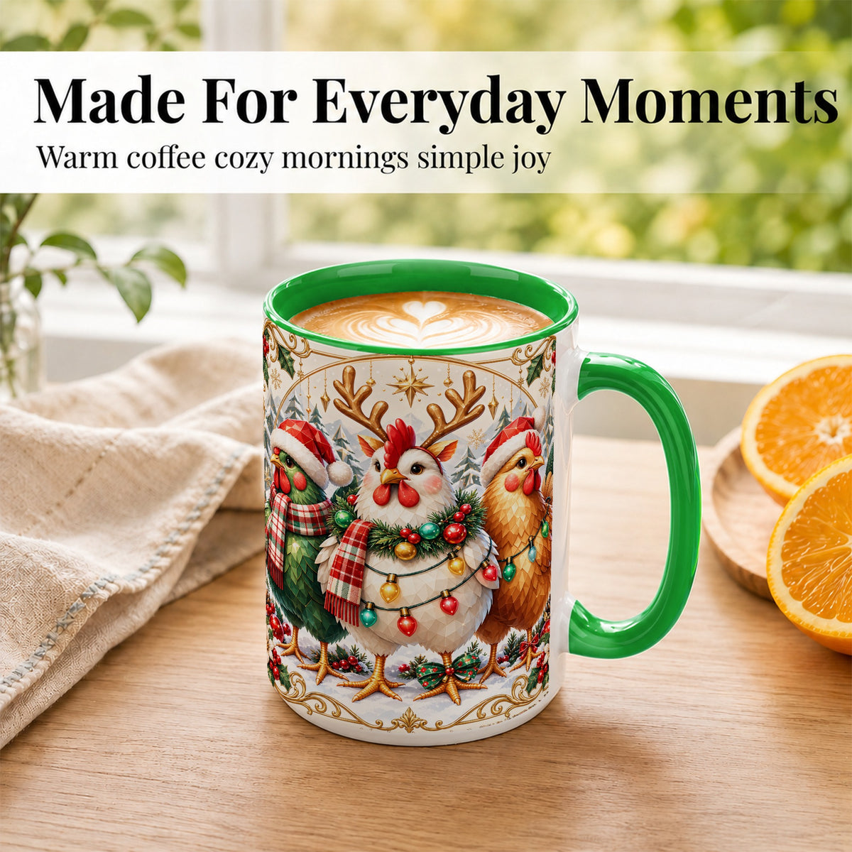 #pl[15oz|Green] Christmas Chickens Coffee Mug, Reindeer Hens Mug, Ceramic Cup