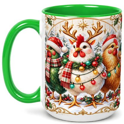 #pl[15oz|Green] Christmas Chickens Coffee Mug, Reindeer Hens Mug, Ceramic Cup