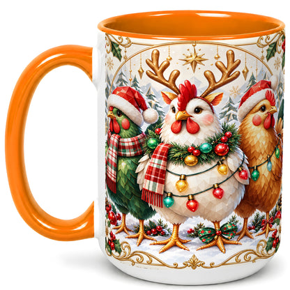 #pl[15oz|Orange] Christmas Chickens Coffee Mug, Reindeer Hens Mug, Ceramic Cup
