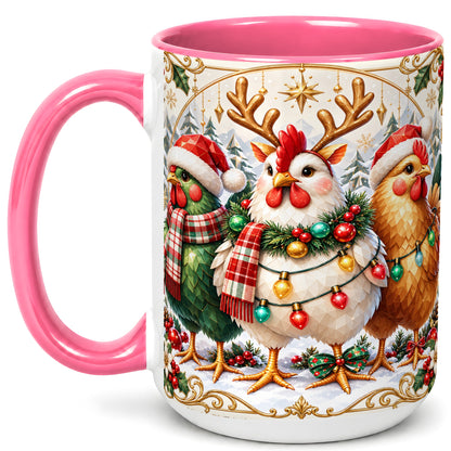 #pl[15oz|Pink] Christmas Chickens Coffee Mug, Reindeer Hens Mug, Ceramic Cup
