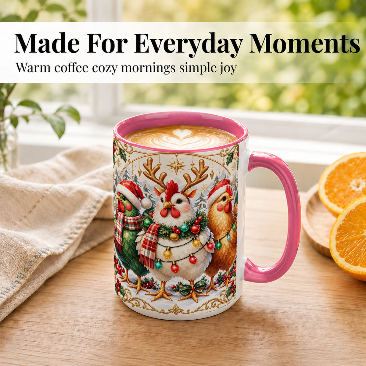 #pl[15oz|Pink] Christmas Chickens Coffee Mug, Reindeer Hens Mug, Ceramic Cup