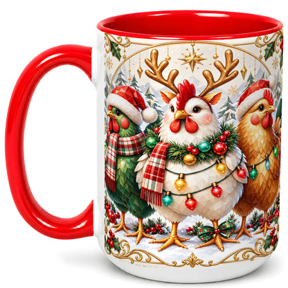 #pl[15oz|Red] Christmas Chickens Coffee Mug, Reindeer Hens Mug, Ceramic Cup
