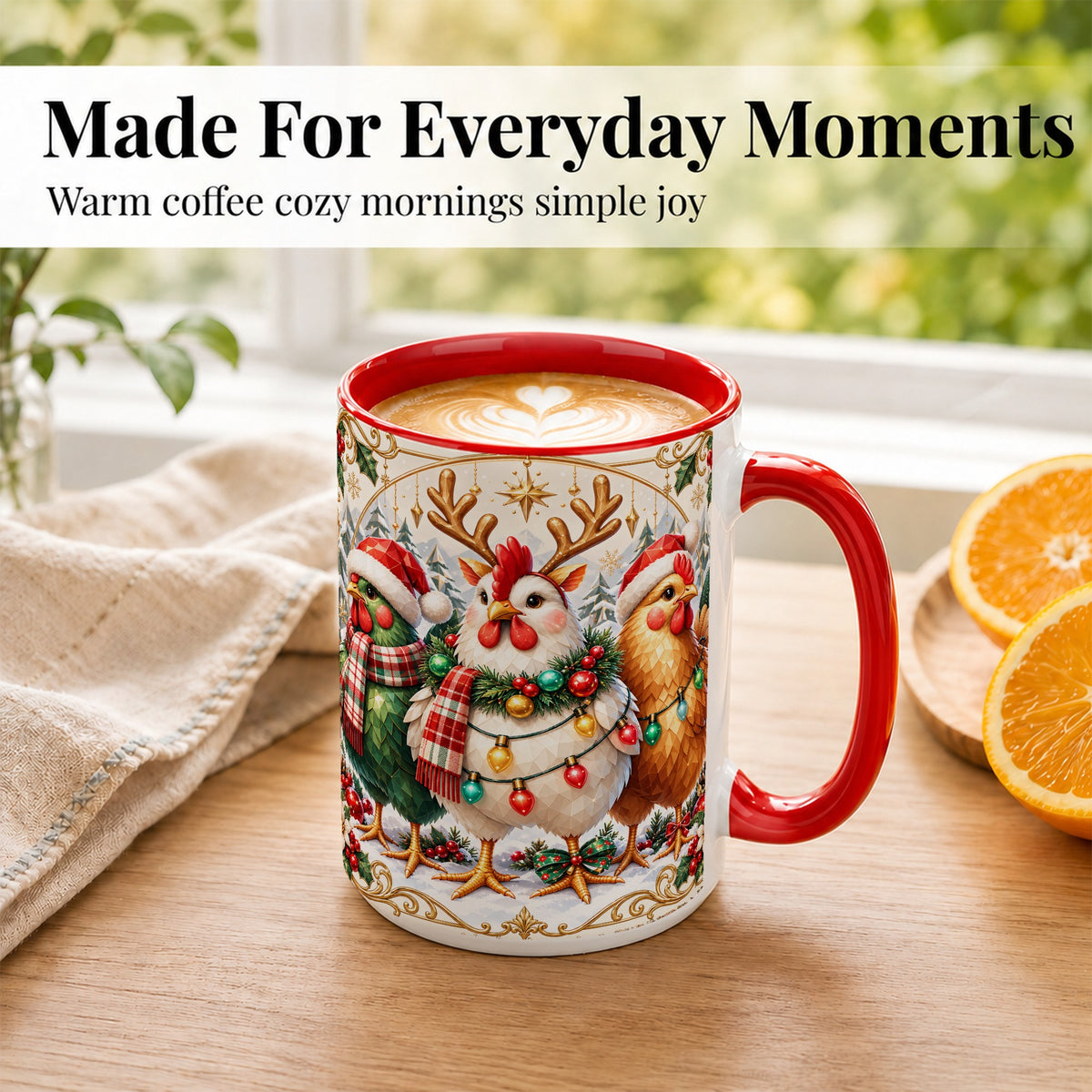 #pl[15oz|Red] Christmas Chickens Coffee Mug, Reindeer Hens Mug, Ceramic Cup