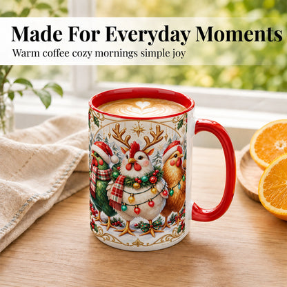 #pl[15oz|Red] Christmas Chickens Coffee Mug, Reindeer Hens Mug, Ceramic Cup