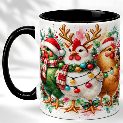 #pl[11oz|Black] Watercolor Christmas Chickens Coffee Mug, Santa Hens Mug, Ceramic Cup