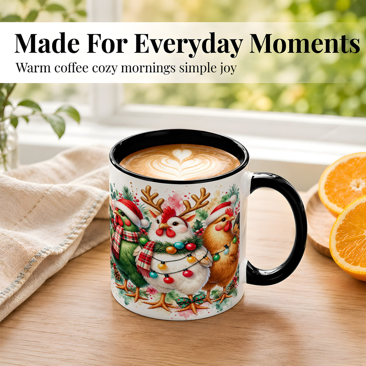 #pl[11oz|Black] Watercolor Christmas Chickens Coffee Mug, Santa Hens Mug, Ceramic Cup