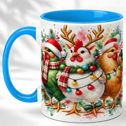 #pl[11oz|Blue] Watercolor Christmas Chickens Coffee Mug, Santa Hens Mug, Ceramic Cup