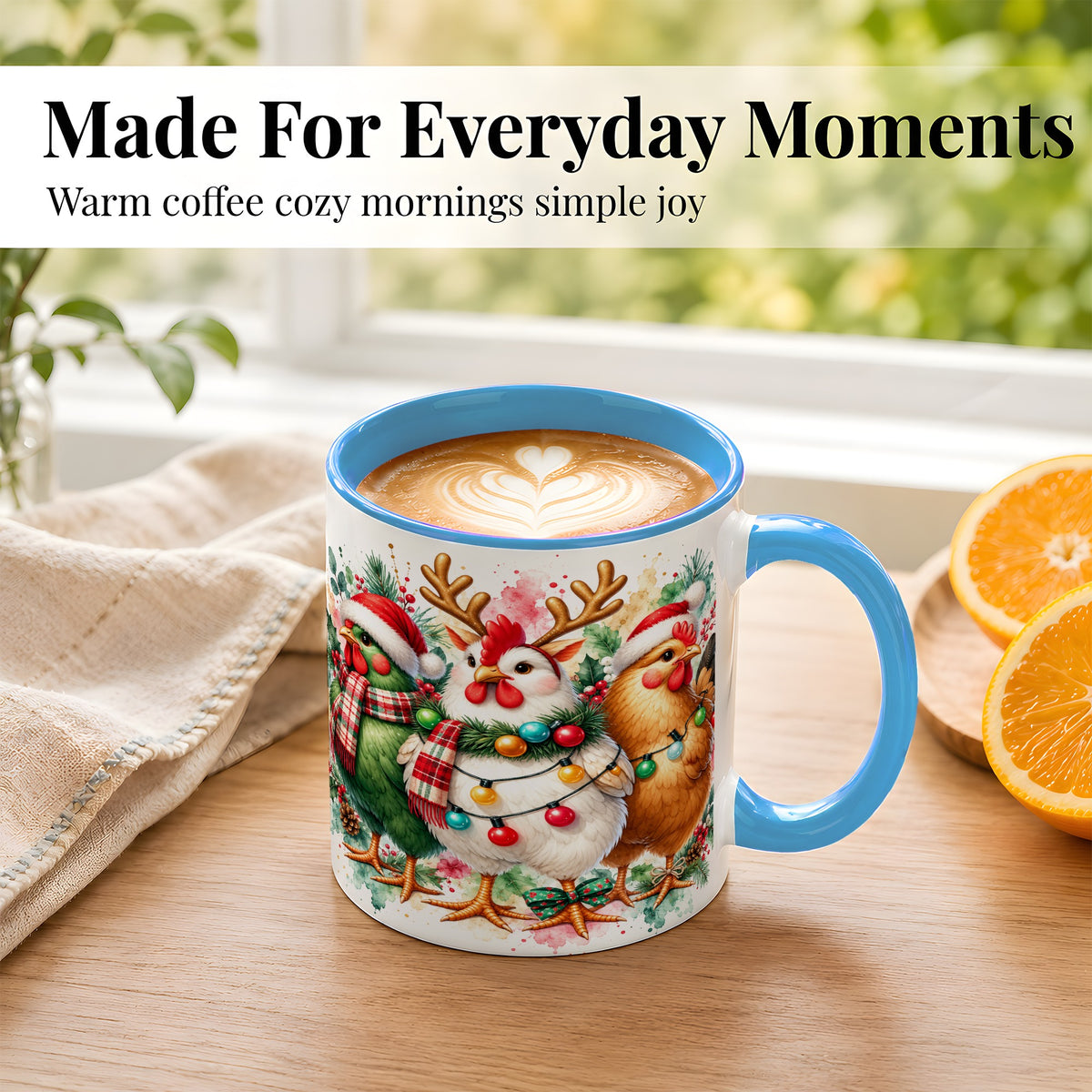#pl[11oz|Blue] Watercolor Christmas Chickens Coffee Mug, Santa Hens Mug, Ceramic Cup
