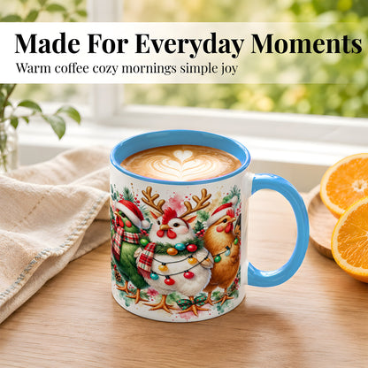 #pl[11oz|Blue] Watercolor Christmas Chickens Coffee Mug, Santa Hens Mug, Ceramic Cup