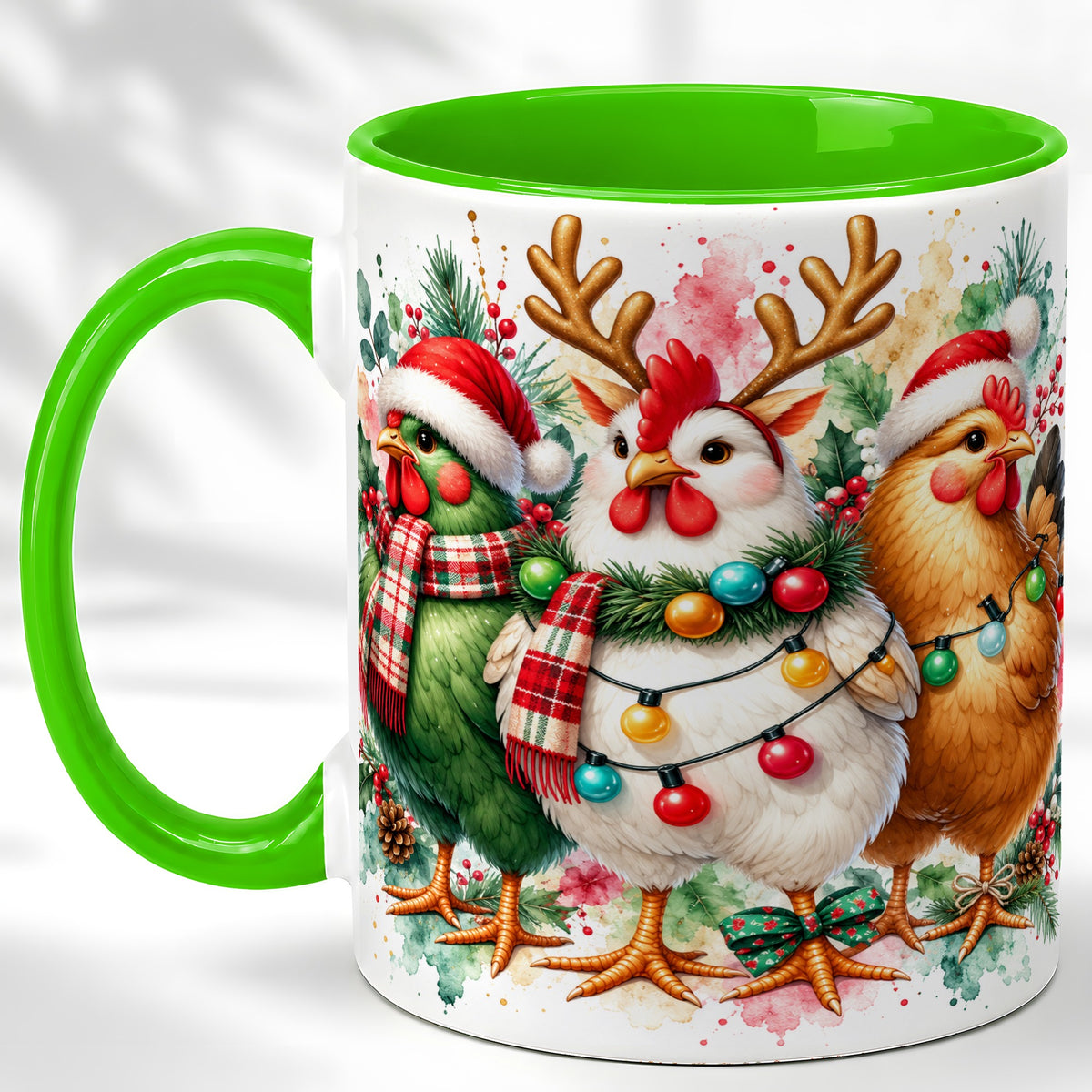 #pl[11oz|Green] Watercolor Christmas Chickens Coffee Mug, Santa Hens Mug, Ceramic Cup