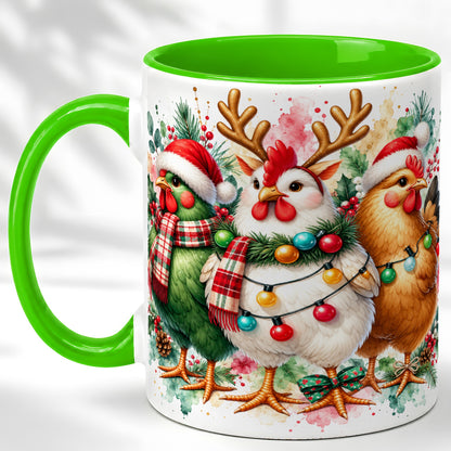 #pl[11oz|Green] Watercolor Christmas Chickens Coffee Mug, Santa Hens Mug, Ceramic Cup