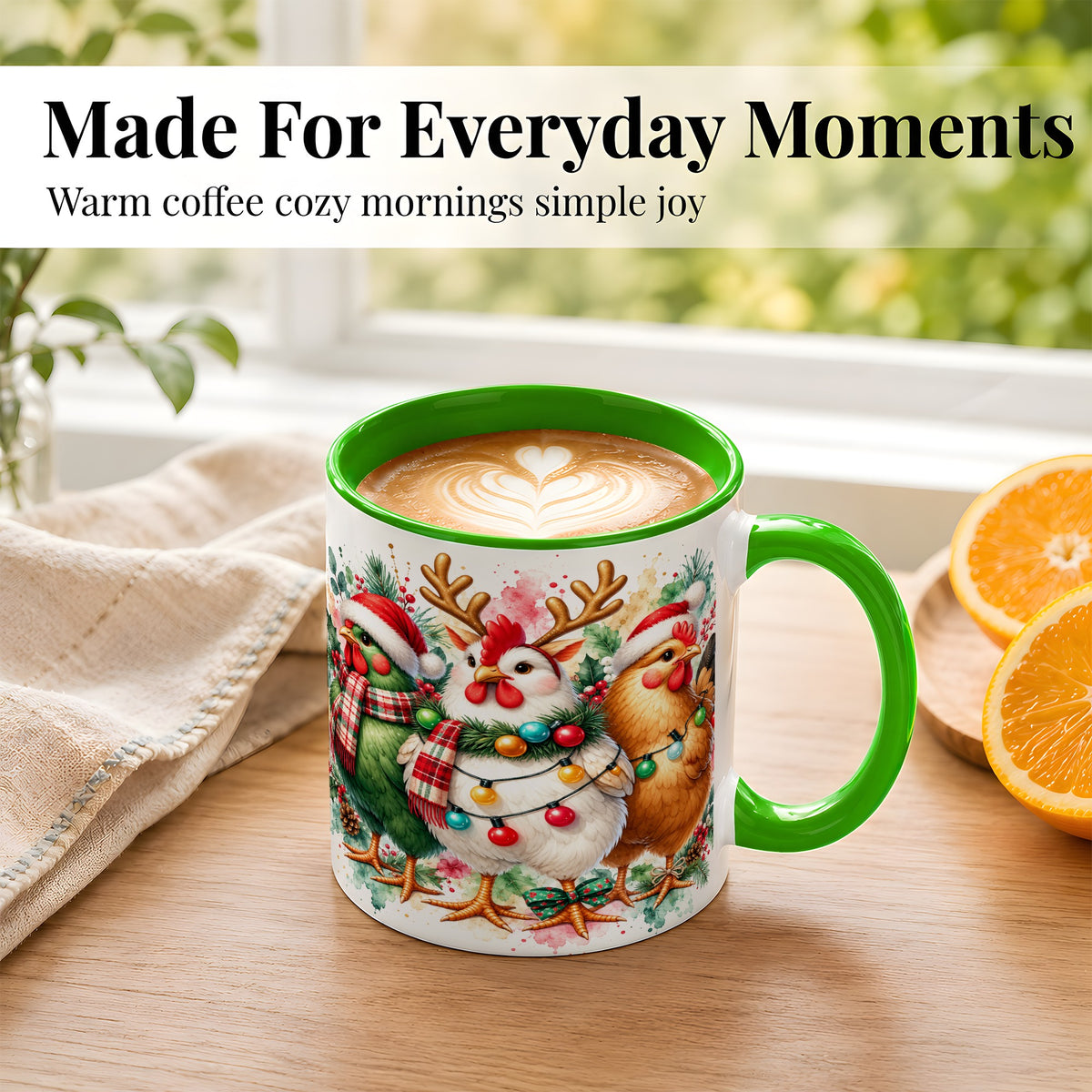 #pl[11oz|Green] Watercolor Christmas Chickens Coffee Mug, Santa Hens Mug, Ceramic Cup