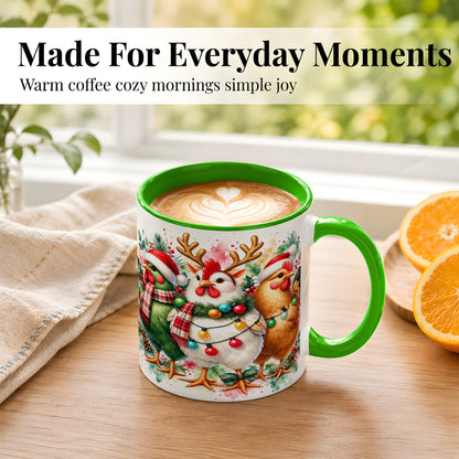#pl[11oz|Green] Watercolor Christmas Chickens Coffee Mug, Santa Hens Mug, Ceramic Cup