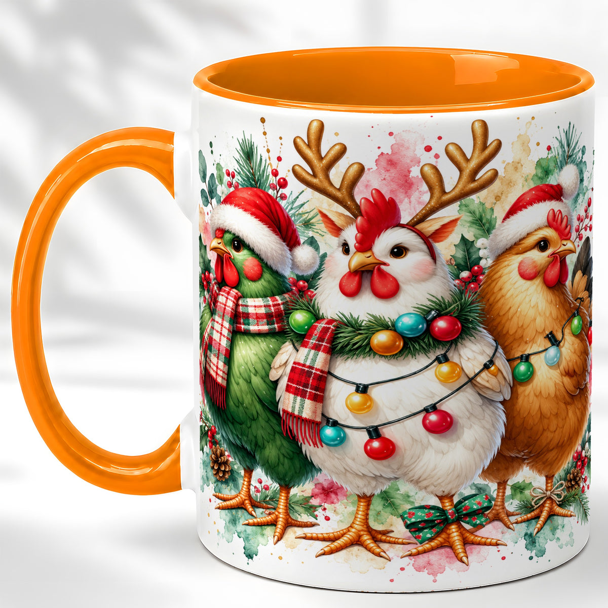 #pl[11oz|Orange] Watercolor Christmas Chickens Coffee Mug, Santa Hens Mug, Ceramic Cup
