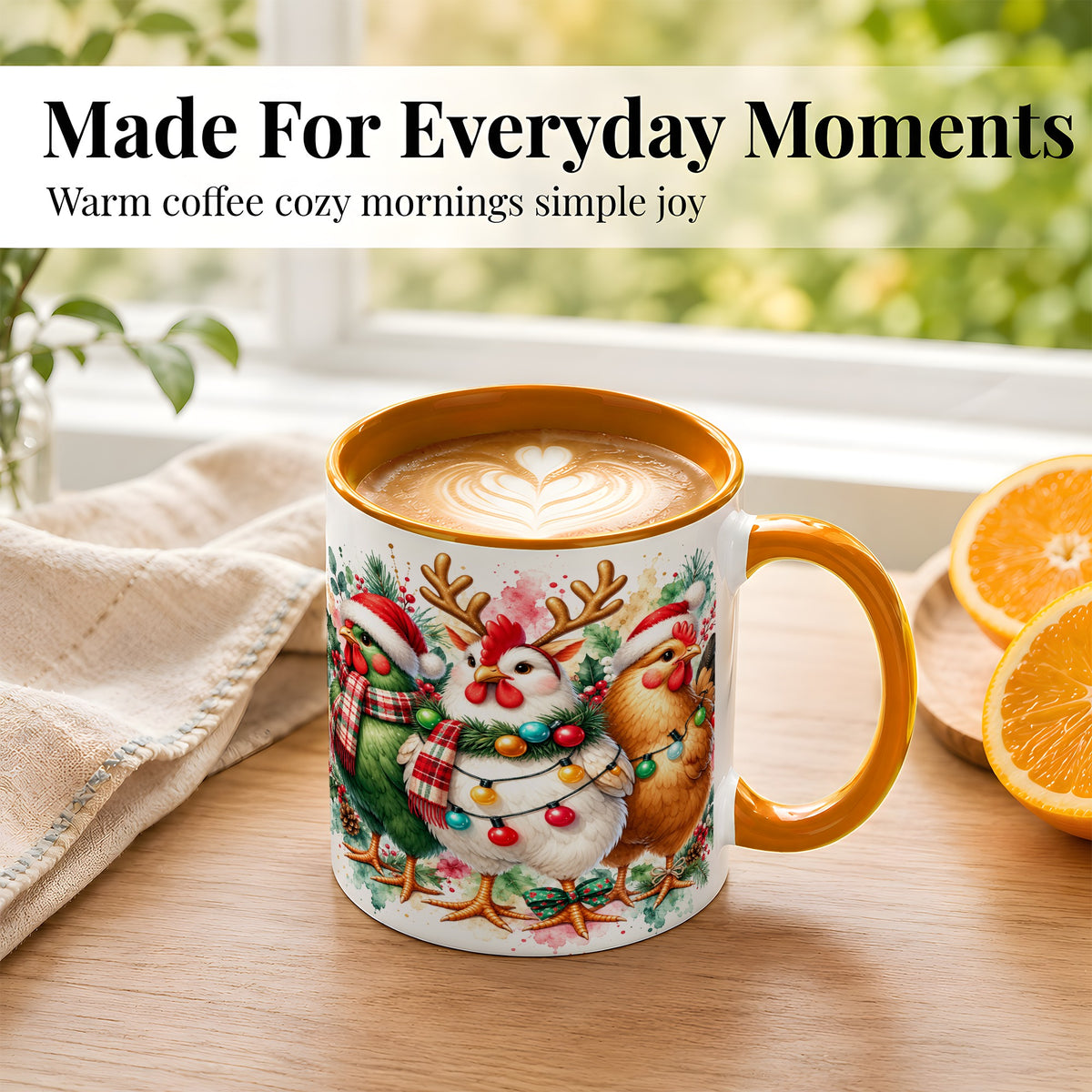 #pl[11oz|Orange] Watercolor Christmas Chickens Coffee Mug, Santa Hens Mug, Ceramic Cup