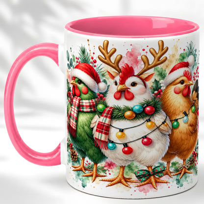 #pl[11oz|Pink] Watercolor Christmas Chickens Coffee Mug, Santa Hens Mug, Ceramic Cup