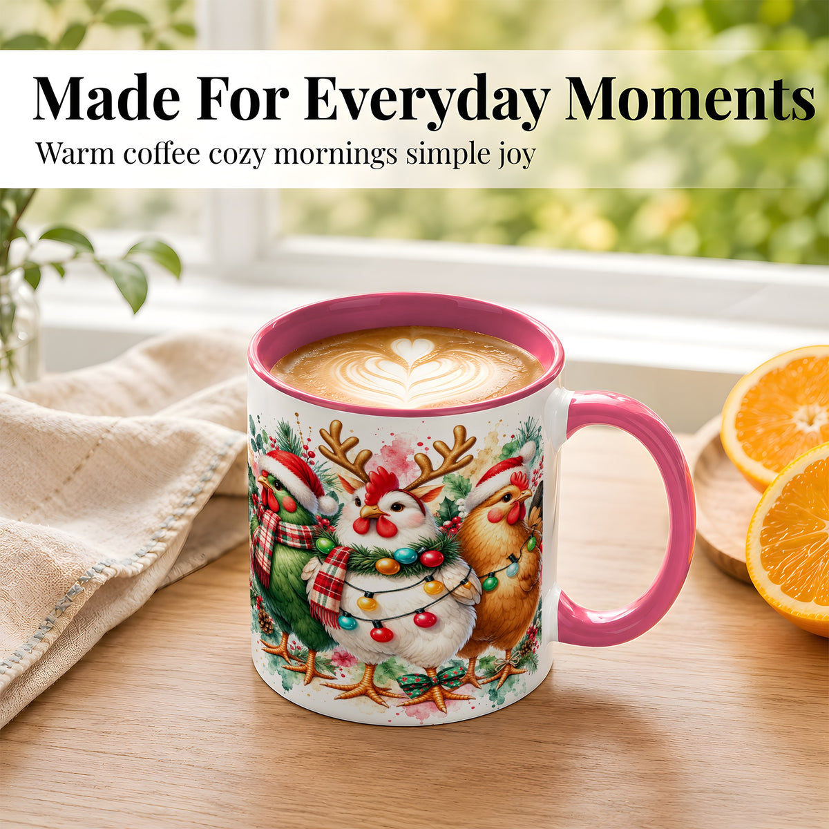 #pl[11oz|Pink] Watercolor Christmas Chickens Coffee Mug, Santa Hens Mug, Ceramic Cup