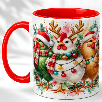 Watercolor Christmas Chickens Coffee Mug, Santa Hens Mug, Ceramic Cup