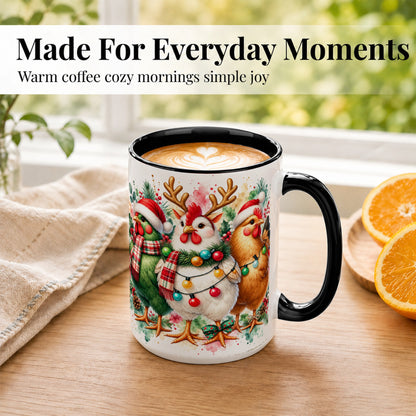 #pl[15oz|Black] Watercolor Christmas Chickens Coffee Mug, Santa Hens Mug, Ceramic Cup