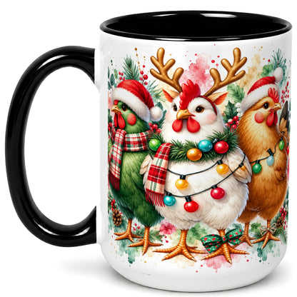 #pl[15oz|Black] Watercolor Christmas Chickens Coffee Mug, Santa Hens Mug, Ceramic Cup
