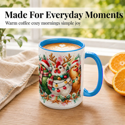 #pl[15oz|Blue] Watercolor Christmas Chickens Coffee Mug, Santa Hens Mug, Ceramic Cup