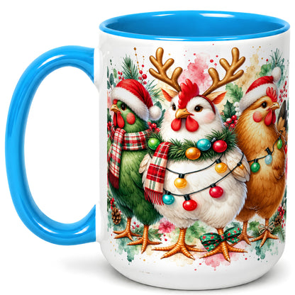 #pl[15oz|Blue] Watercolor Christmas Chickens Coffee Mug, Santa Hens Mug, Ceramic Cup