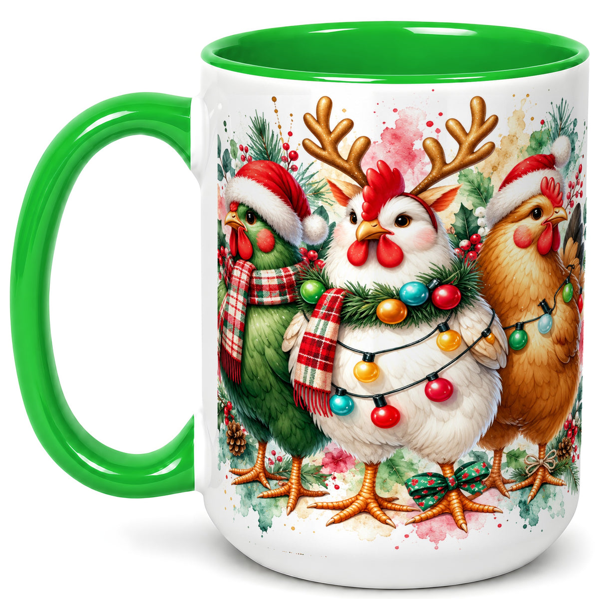 #pl[15oz|Green] Watercolor Christmas Chickens Coffee Mug, Santa Hens Mug, Ceramic Cup