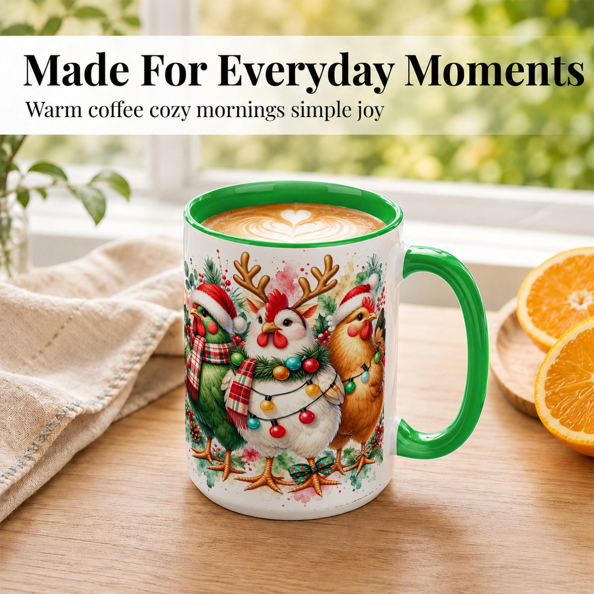 #pl[15oz|Green] Watercolor Christmas Chickens Coffee Mug, Santa Hens Mug, Ceramic Cup