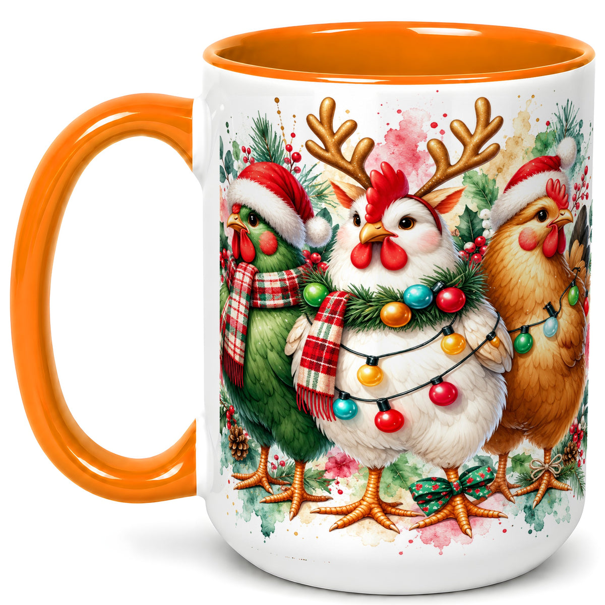 #pl[15oz|Orange] Watercolor Christmas Chickens Coffee Mug, Santa Hens Mug, Ceramic Cup