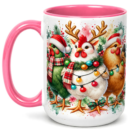 #pl[15oz|Pink] Watercolor Christmas Chickens Coffee Mug, Santa Hens Mug, Ceramic Cup