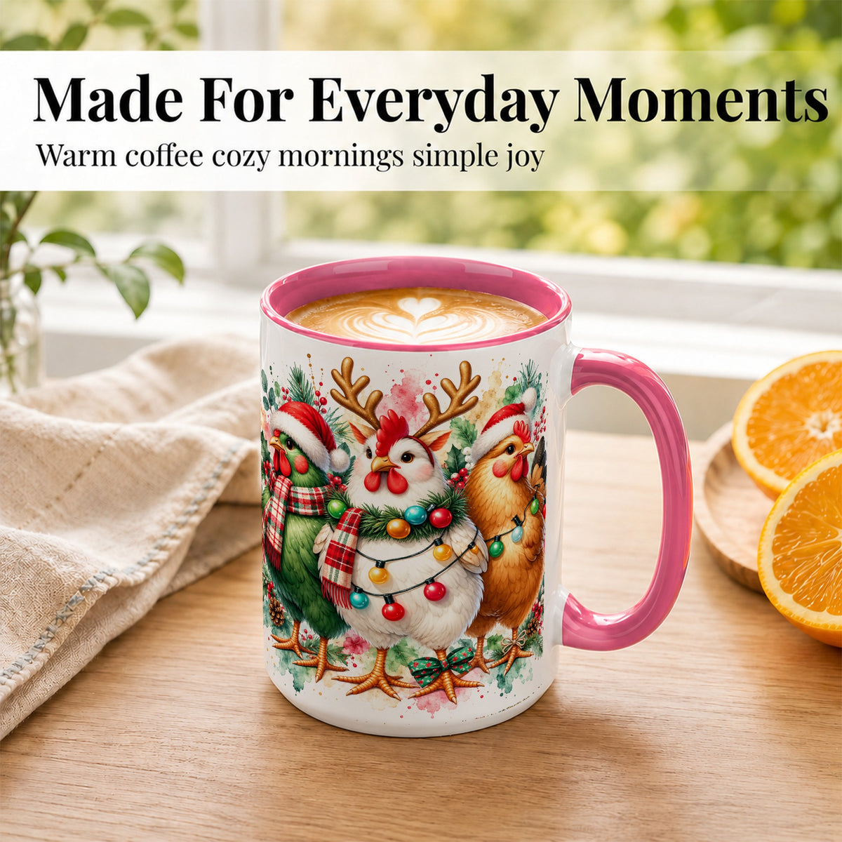 #pl[15oz|Pink] Watercolor Christmas Chickens Coffee Mug, Santa Hens Mug, Ceramic Cup