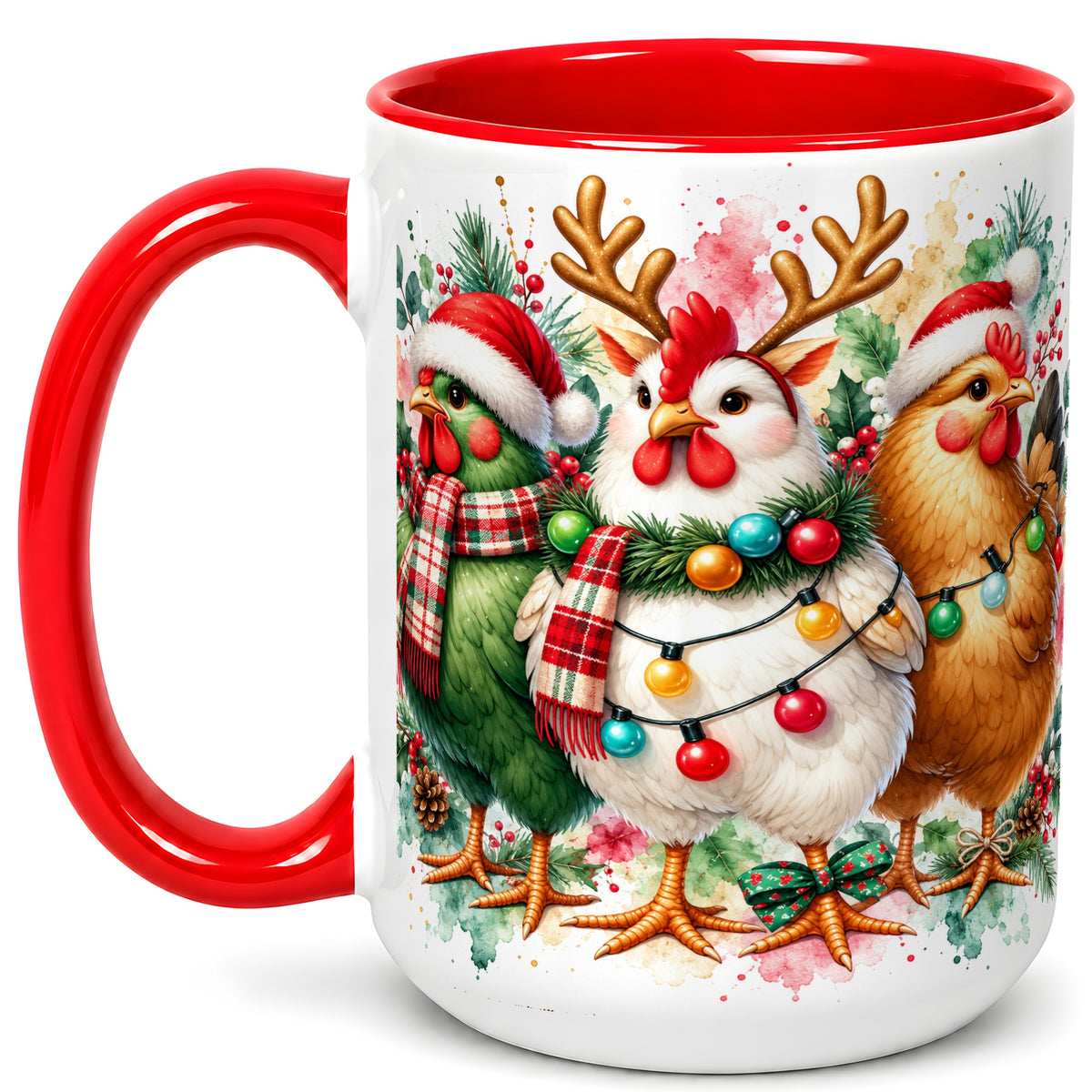 #pl[15oz|Red] Watercolor Christmas Chickens Coffee Mug, Santa Hens Mug, Ceramic Cup