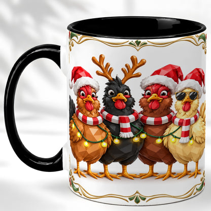 #pl[11oz|Black] Christmas Chickens Coffee Mug, Holiday Hens Mug, Ceramic Cup