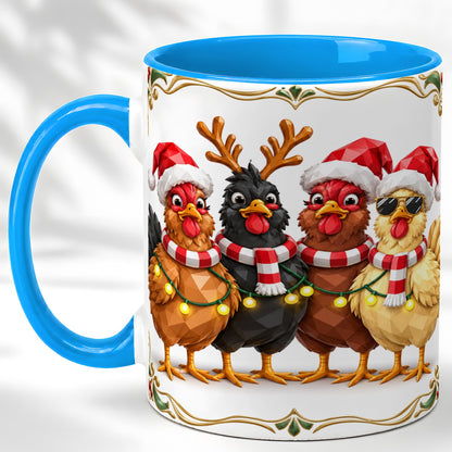#pl[11oz|Blue] Christmas Chickens Coffee Mug, Holiday Hens Mug, Ceramic Cup