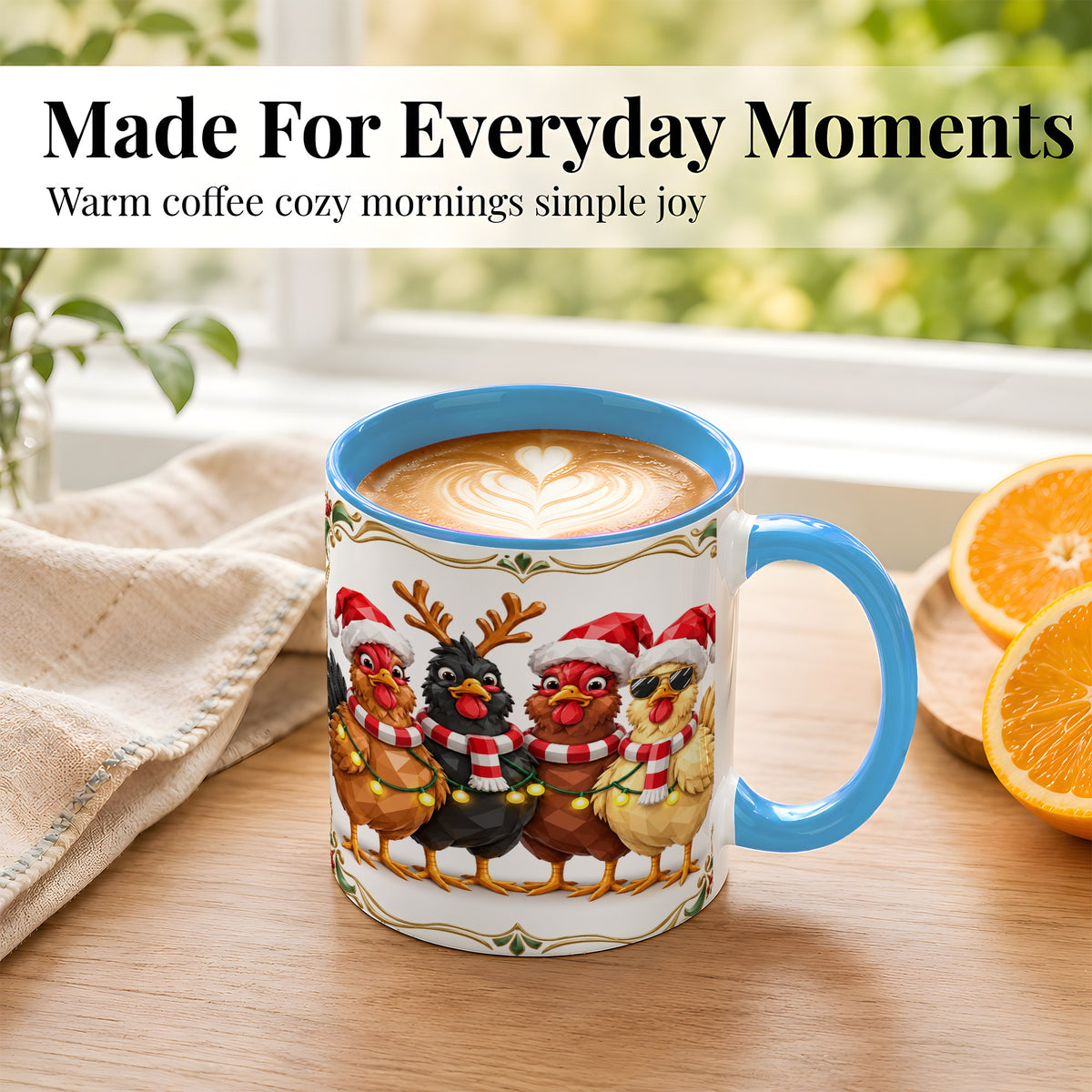 #pl[11oz|Blue] Christmas Chickens Coffee Mug, Holiday Hens Mug, Ceramic Cup