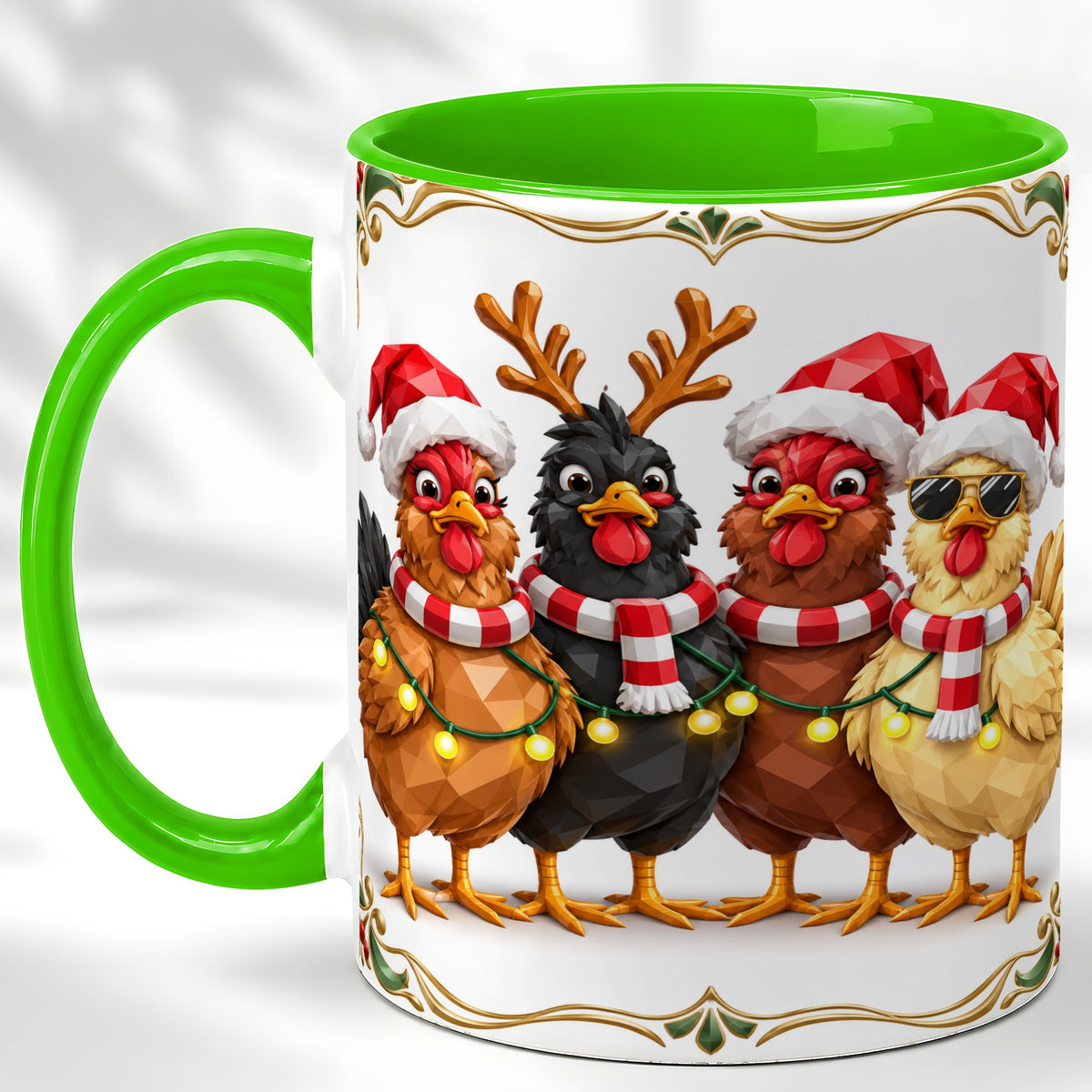 #pl[11oz|Green] Christmas Chickens Coffee Mug, Holiday Hens Mug, Ceramic Cup