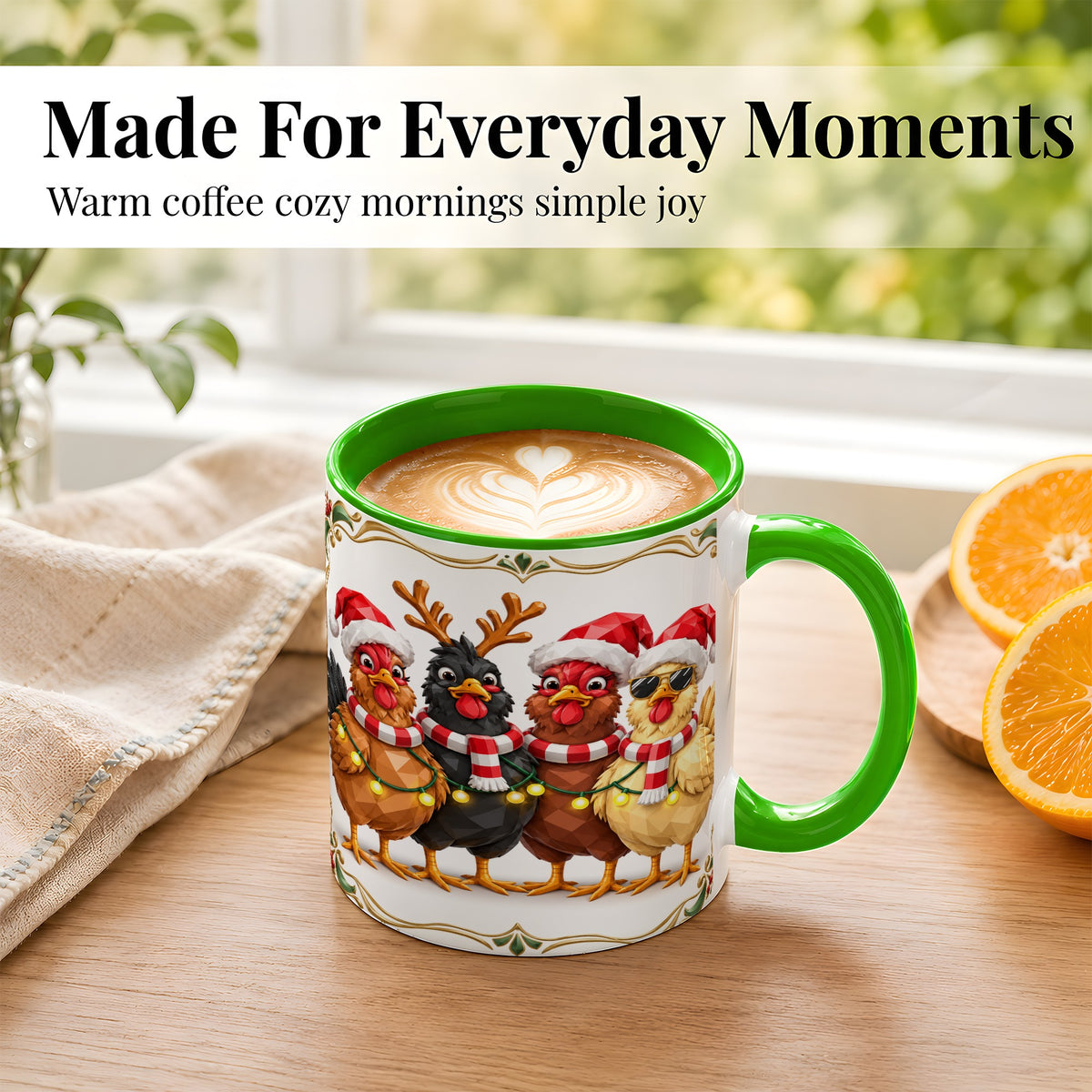 #pl[11oz|Green] Christmas Chickens Coffee Mug, Holiday Hens Mug, Ceramic Cup