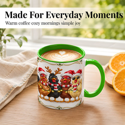 #pl[11oz|Green] Christmas Chickens Coffee Mug, Holiday Hens Mug, Ceramic Cup