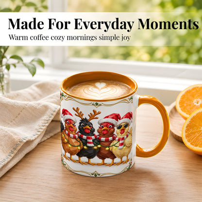 #pl[11oz|Orange] Christmas Chickens Coffee Mug, Holiday Hens Mug, Ceramic Cup
